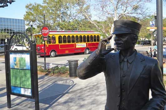 Dunedin, FL - Walking the downtown area and the Pinellas Trail. Jolly Trolley, All Aboard